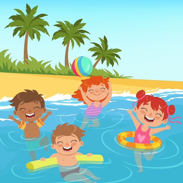 ilustraciones de niños felices en la piscina