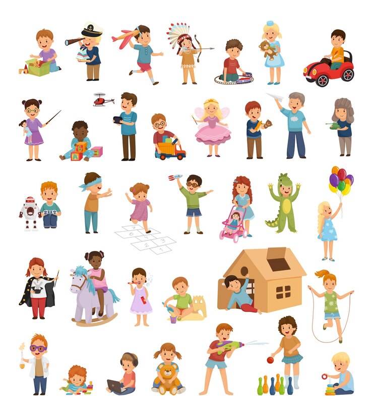 Vector ilustraciones con niños jugando con diferentes juguetes. personajes niños jugando juegos.