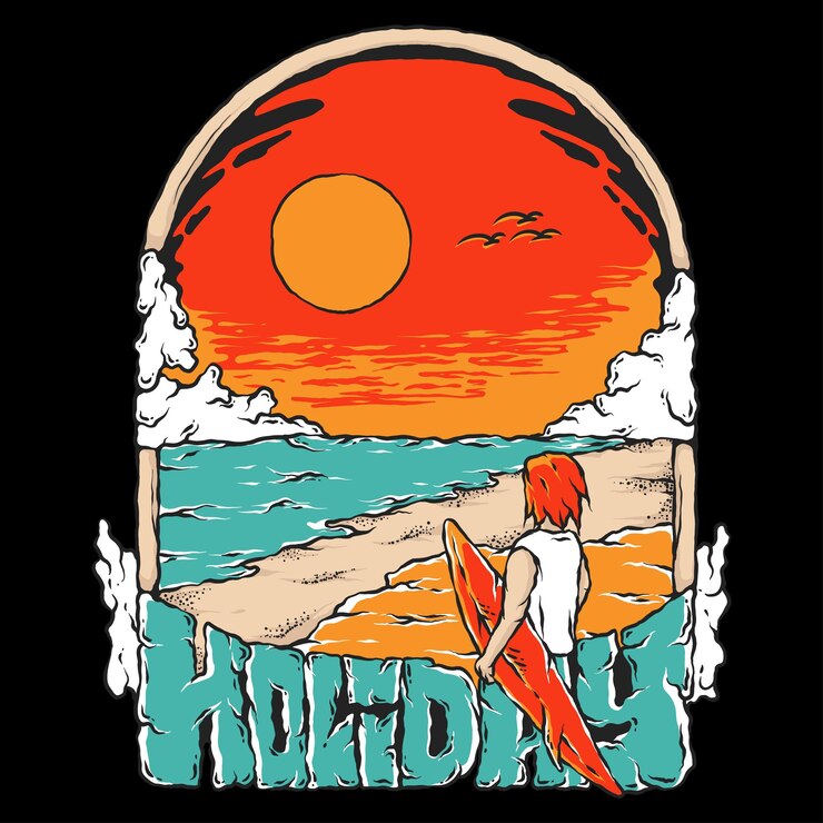 Vector ilustraciones de océanos y playas y vistas de puesta de sol