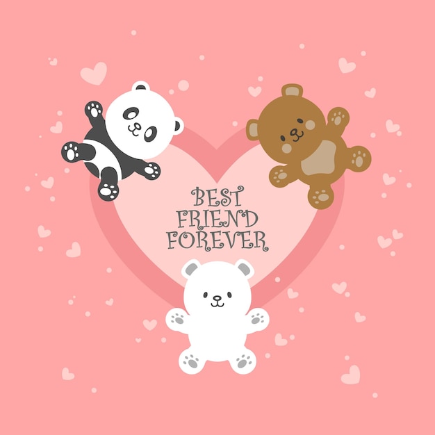 Ilustraciones de oso polar panda y oso pardo con fondo de color melocotón y formas de amor