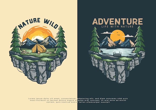 Vector ilustraciones de paisaje de ilustración de campamento de bosque y lago para impresión de camisetas