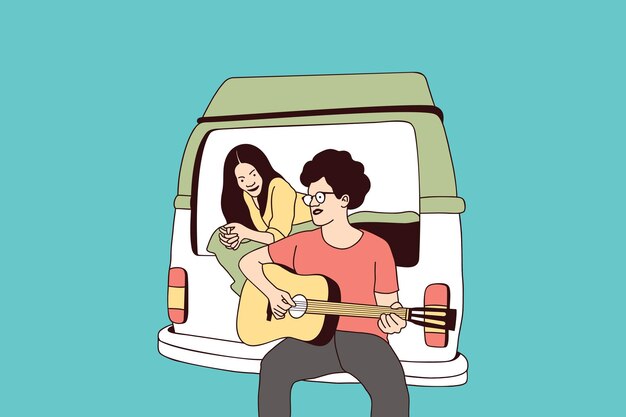 Ilustraciones pareja joven cantando juntos en su autocaravana