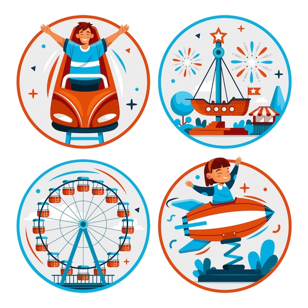 Ilustraciones de parques de atracciones en diseño plano.