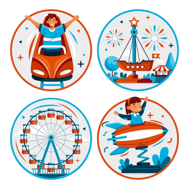 Vector ilustraciones de parques de atracciones en diseño plano