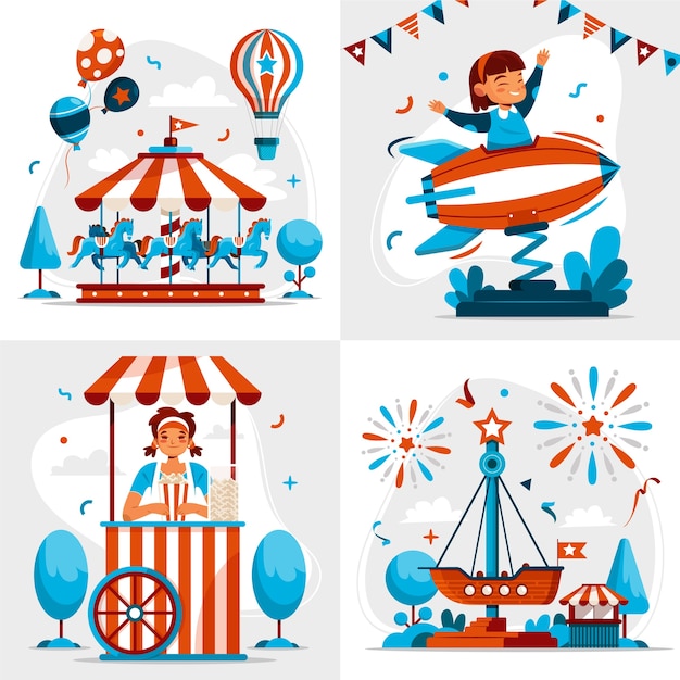 Ilustraciones de parques de atracciones en diseño plano.