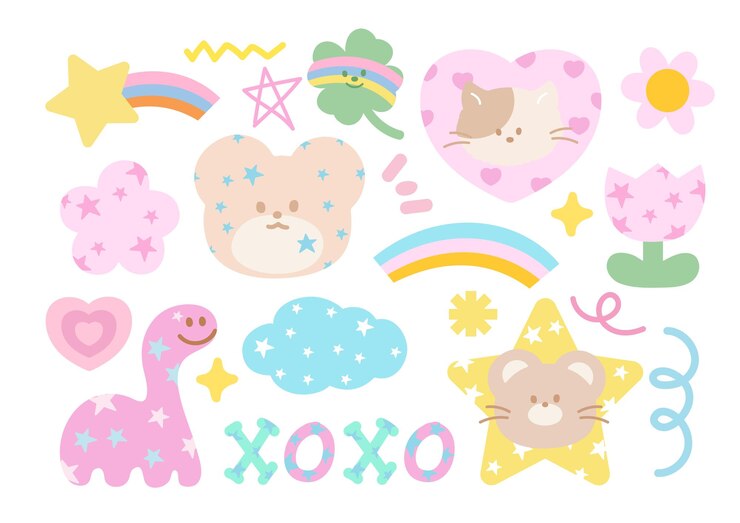 Ilustraciones pastel de oso gato dinosaurio corazón trébol hoja estrella nube de flor para dibujos animados ch