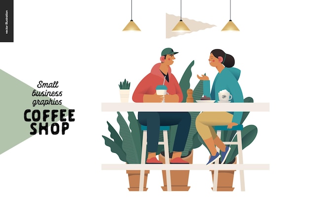 Vector ilustraciones de pequeñas empresas de cafeterías visitantes ilustración de un concepto vectorial plano moderno de una joven pareja visitantes de cafeterías sentados en la mesa alta con lámparas de café arriba rodeados de plantas