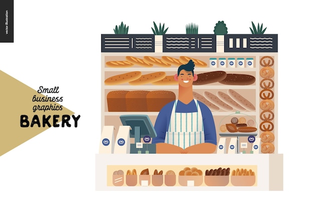 Ilustraciones de pequeñas empresas de panadería vendedor de panadería moderna ilustración de concepto vectorial plano de un asistente de tienda con delantal en el mostrador con vitrina y estantes llenos de pan detrás