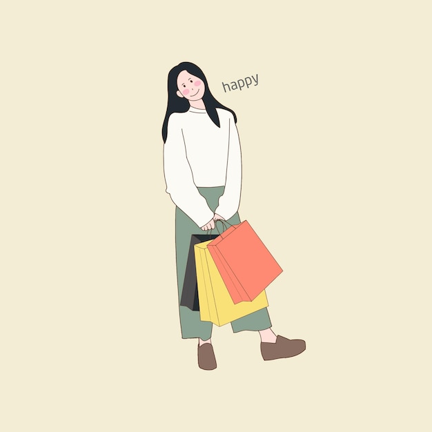 Ilustraciones de personajes de dibujos animados de mujer con bolsa de compras estilo minimalista