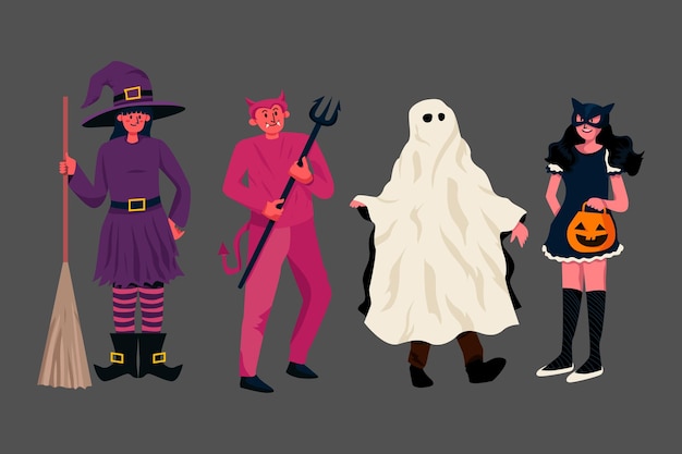 Vector ilustraciones de personajes de halloween cosplay pose party