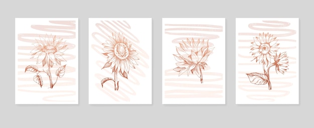 Ilustraciones pintadas a mano de girasol para decoración de paredes flor minimalista en estilo boceto