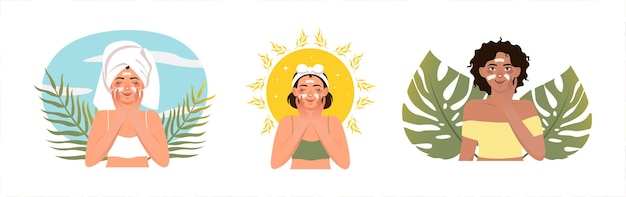 Ilustraciones planas de mujeres multiétnicas que realizan una rutina diaria de cuidado de la piel facial Diferentes tipos de mujeres que usan crema hidratante