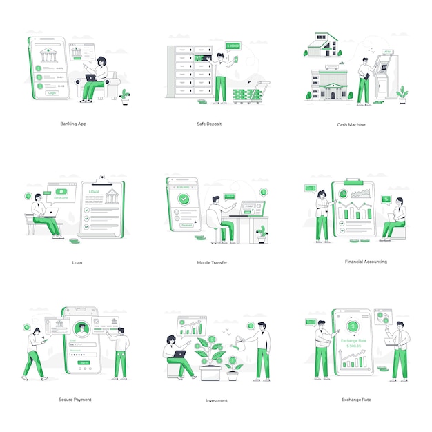 Ilustraciones planas de negocios y banca