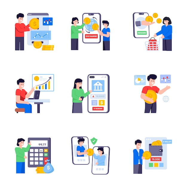 Ilustraciones planas de pagos y banca en línea