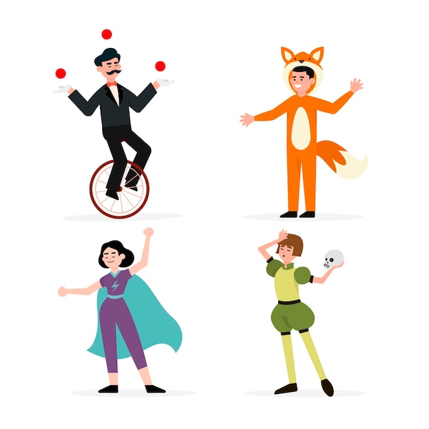 Vector ilustraciones planas de personajes de carnaval con disfraces.