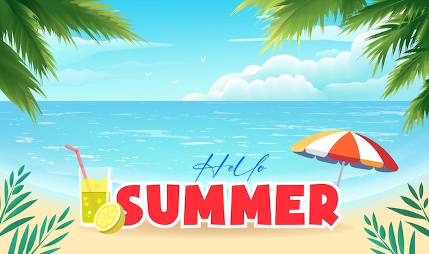 Ilustraciones promocionales horizontales de verano playa y palmeras