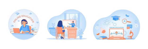 Ilustraciones que representan métodos de educación en línea con estudiantes y herramientas digitales