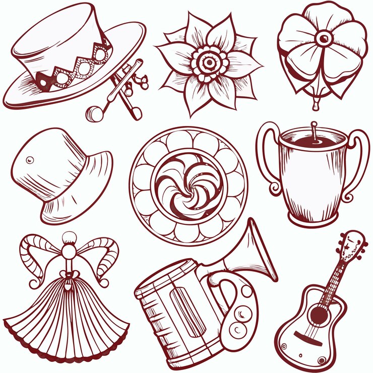 Vector ilustraciones rojas dibujadas a mano de varios objetos