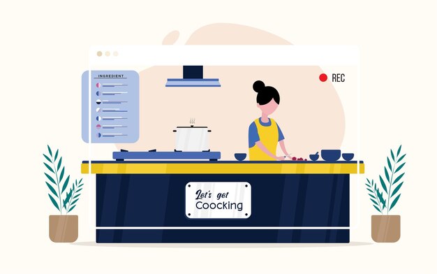 Vector ilustraciones de seorang koki wanita berlatih memasak melalui transmisión de video