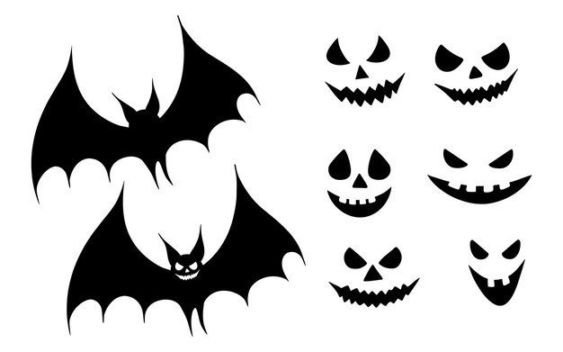 Las ilustraciones de silueta de murciélago de Halloween y diferentes caras Dibujo gráfico monocromático Esbozo dibujado a mano Ilustración grabada para la invitación de la fiesta de Halloween