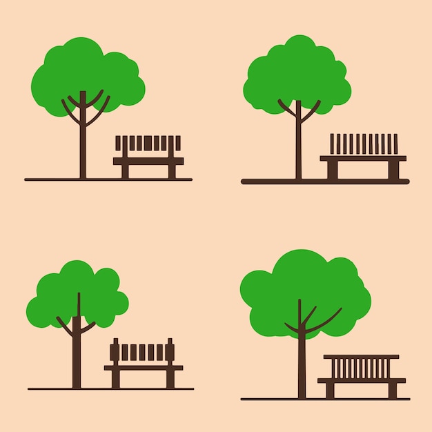 Ilustraciones simples de árboles y bancos de parques para temas de diseño de paisajes naturales y al aire libre