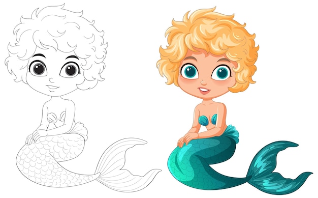 Vector ilustraciones de sirenas coloridas y con líneas