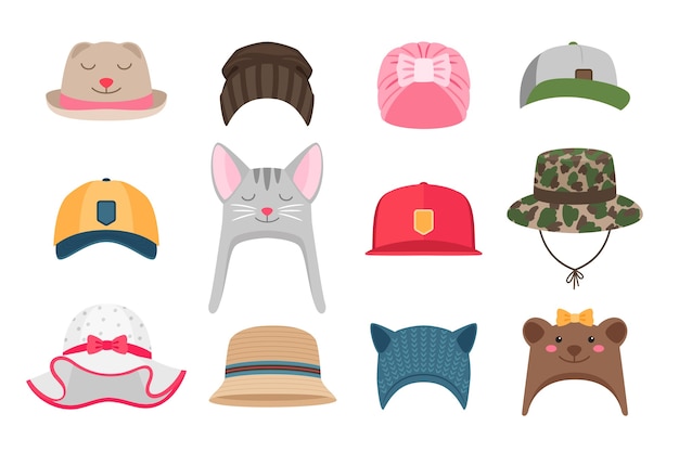 Ilustraciones de sombreros para niños. conjunto de gorro para niños, invierno y verano, con animales para niñas y para boy scouts aislados