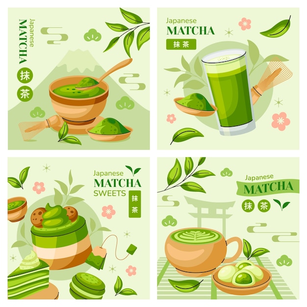 Ilustraciones de té matcha en diseño plano