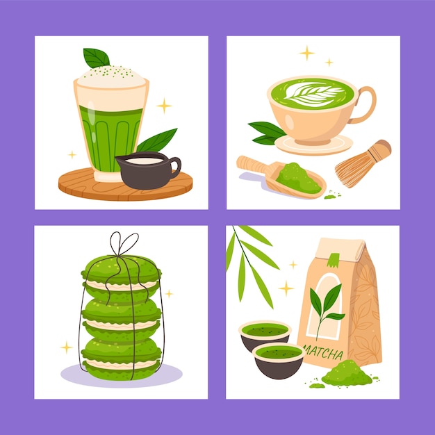 Vector ilustraciones de té matcha en diseño plano