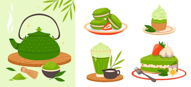 Ilustraciones de té matcha en diseño plano