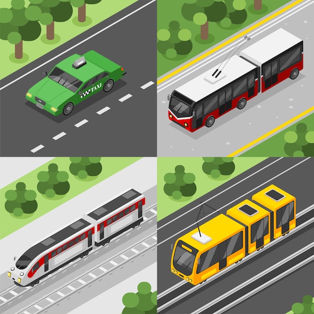 Ilustraciones de transporte público en vista isométrica