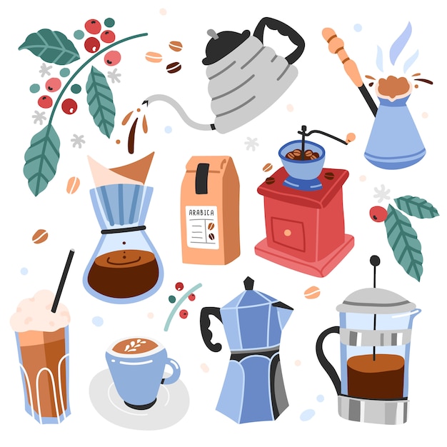 Ilustraciones de utensilios y herramientas para preparar café