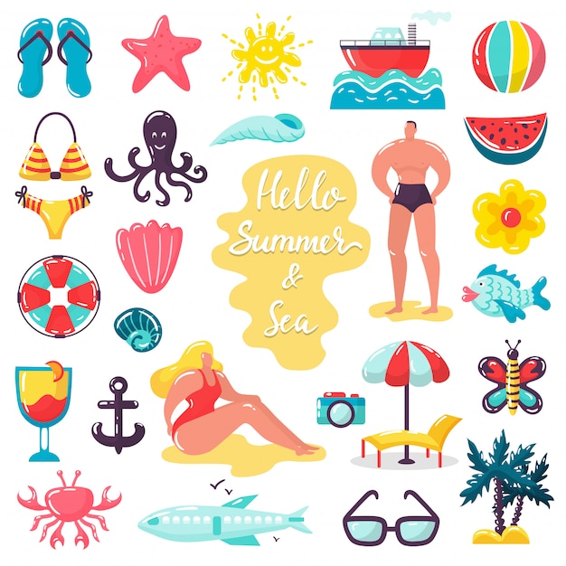 Ilustraciones de vacaciones de verano playa mar, personas en conjunto de iconos aislados de vacaciones de verano