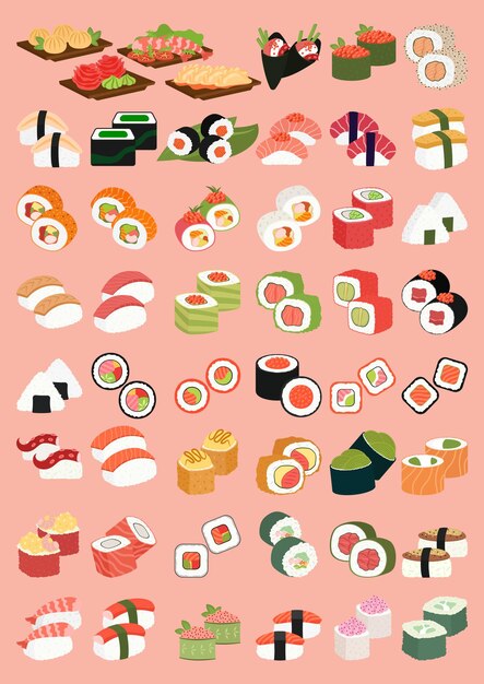 Ilustraciones de varios tipos de sushi y platos de conjunto vectorial plano