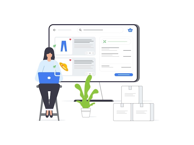 Las ilustraciones de vector plano representan a mujeres que usan portátiles para hacer compras en varias plataformas de comercio electrónico que muestran la conveniencia y accesibilidad de las compras en línea
