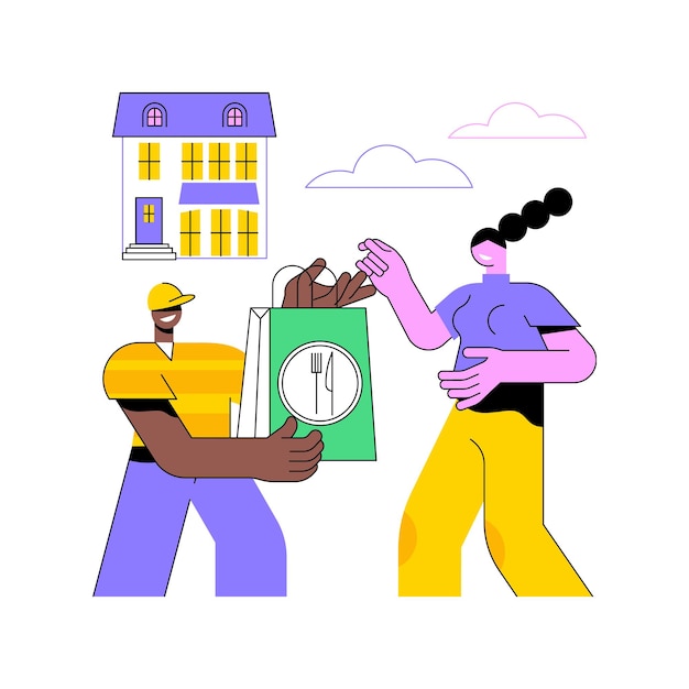 Ilustraciones de vectores de dibujos animados aislados de entrega de comida de restaurante