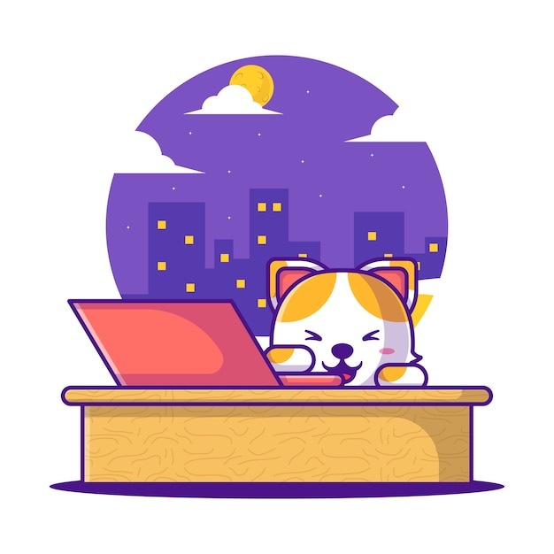 Ilustraciones de vectores de dibujos animados lindo Gato estudiando con ordenador portátil. Concepto de icono de regreso a la escuela
