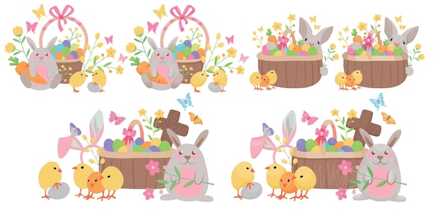 Ilustraciones de vectores de dibujos animados para las vacaciones de Pascua con lindas flores de pollitos de canasta de huevo de conejito