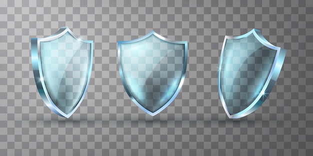 Ilustraciones de vectores de escudo de vidrio realista. Panel de vidrio acrílico azul transparente en blanco vacío con reflejo y brillo. Trofeo de premio de escudo transparente o plantilla de certificado de seguridad.