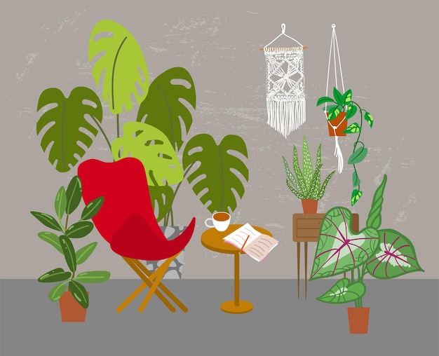 Ilustraciones de vectores de plantas de interior Jungls urbanos Las plantas son amigas Interior con plantas