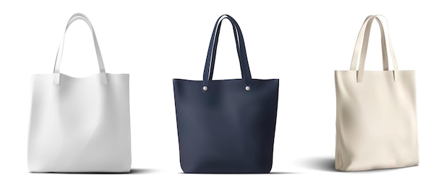 Ilustraciones vectoriales 3D de bolsas de transporte minimalistas en colores blanco marino y beige ideales para conceptos de moda y compras Bolsa de tela con mango para compras
