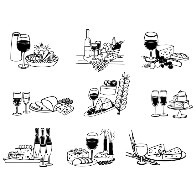 ilustraciones vectoriales de alimentos de tiza iconos de cena de boda vino o champán vaso de queso