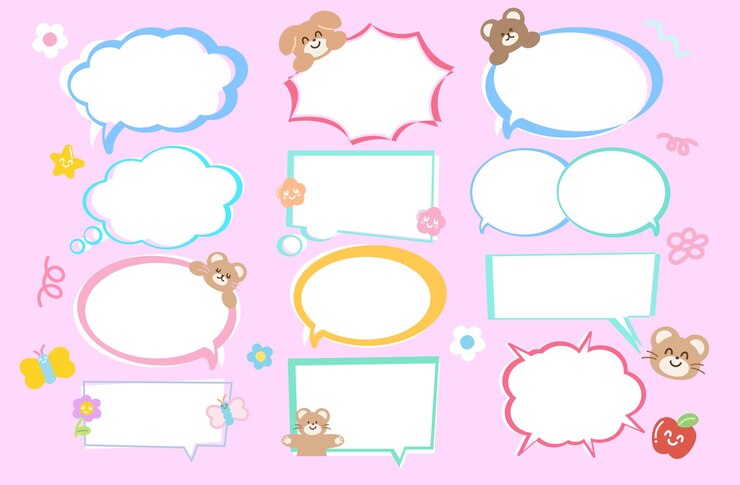 Ilustraciones vectoriales de burbujas de texto con osos de peluche, cachorros, mariposas, flores de manzana para cómics de dibujos animados