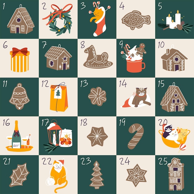 Ilustraciones vectoriales para el calendario de adviento de navidad con elementos de saludos de temporadas galletas de jengibre regalos calcetines de pino bebidas calientes kitty