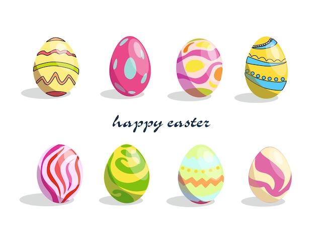 Ilustraciones vectoriales Un conjunto de huevos de Pascua con diferentes patrones sobre un fondo blanco Happy East