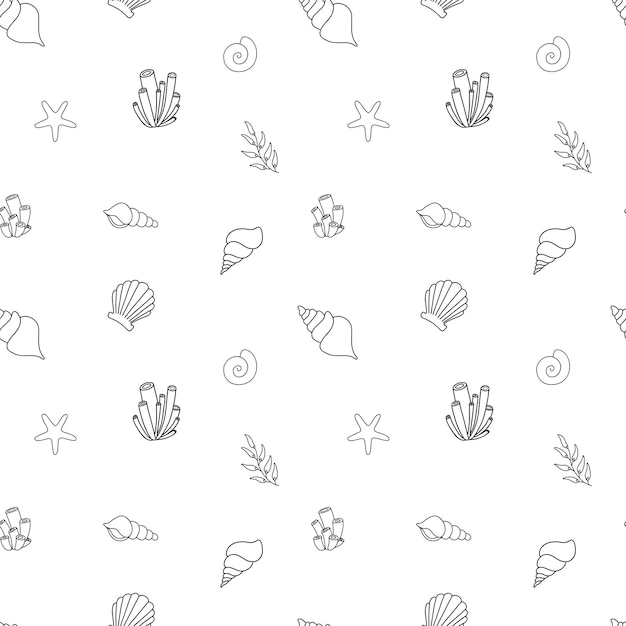 Ilustraciones vectoriales dibujadas a mano patrón sin costuras de conchas marinas corales algas estrellas Fondo marino Perfecto para invitaciones tarjetas de felicitación carteles impresiones pancartas volantes tela textil etc.