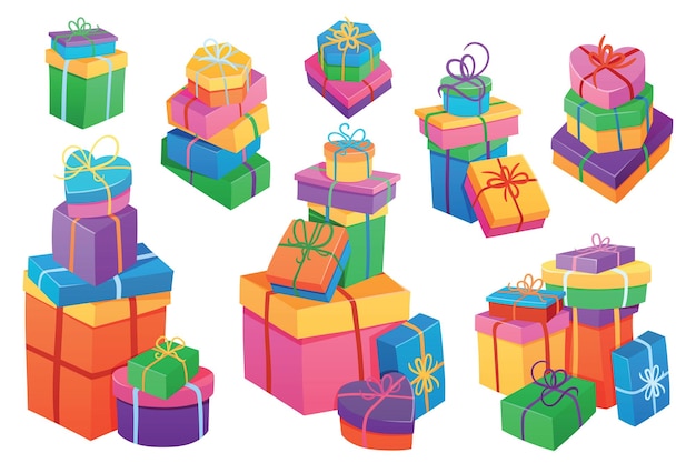 Ilustraciones vectoriales dibujadas a mano de pilas de cajas de regalo envueltas simples, coloridas y cerradas.