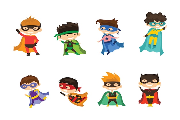 Ilustraciones vectoriales en diseño plano de niños y niñas superhéroes disfrazados de cómics divertidos