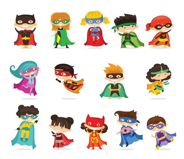 Ilustraciones vectoriales en diseño plano de superhéroes infantiles femeninos y masculinos