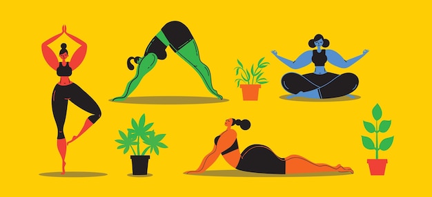 Ilustraciones vectoriales de entrenamiento de mujeres jóvenes Una niña se dedica a la aptitud aeróbica de danza de yoga Los movimientos femeninos y plantean el fondo del concepto